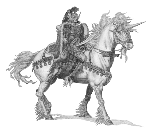 Hand-drawn female warrior on horseback, 1993